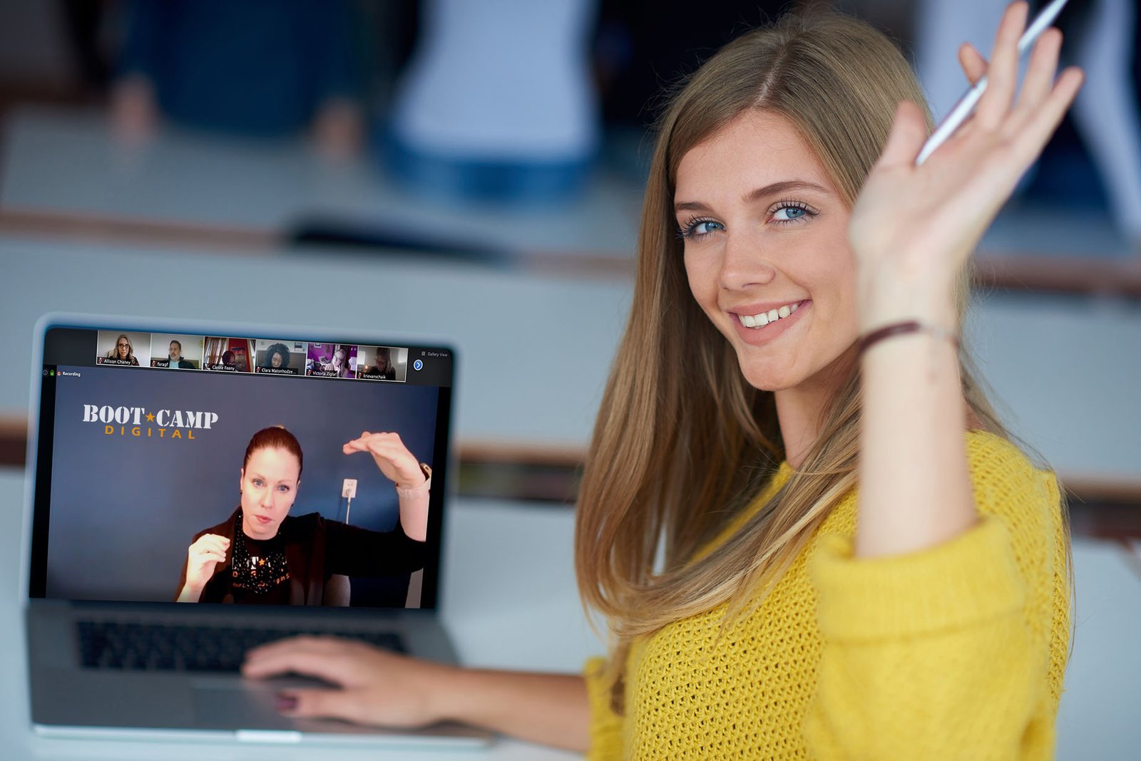 Woman-on-Laptop-Waving-Online-Classroom